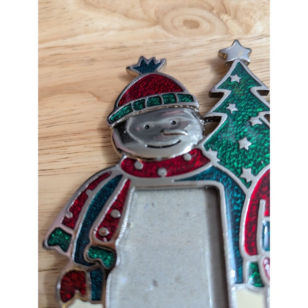 Pewter enamel glitter snowman double frame mini green red stand up decor - Picture 3 of 8